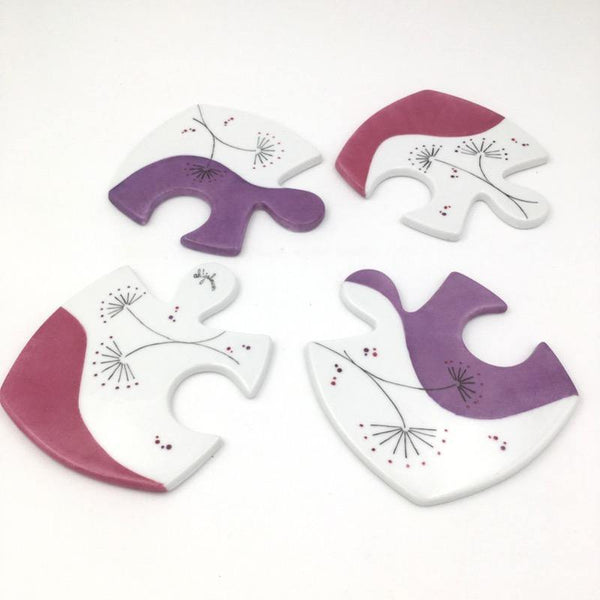 Dessous de plat puzzle en porcelaine Pissenlit Pourpre et violet - Accessoire de table, Dessous de plat - Peint main Paris