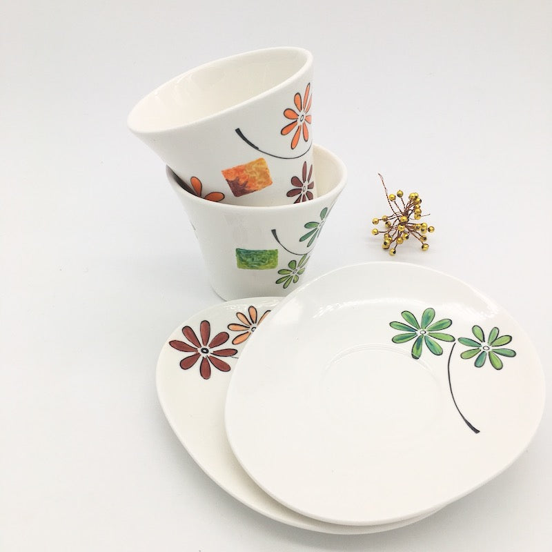 Tasses à thé porcelaine peintes-main  | Flores